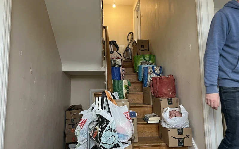 A blocked stairway illustrating a severe-level safety hazard