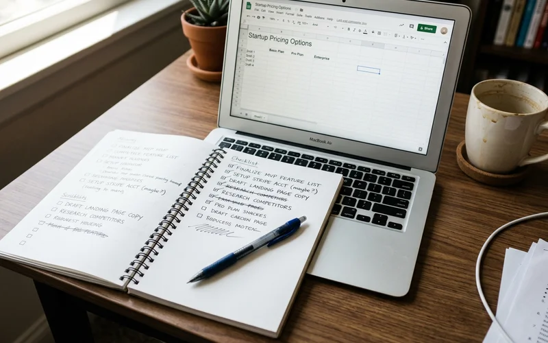 A startup checklist and a laptop with a business plan on a desk
