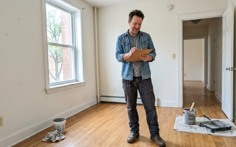 A landlord inspecting a freshly turned-over unit with a clipboard