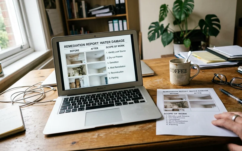 A laptop showing a documented before and after report