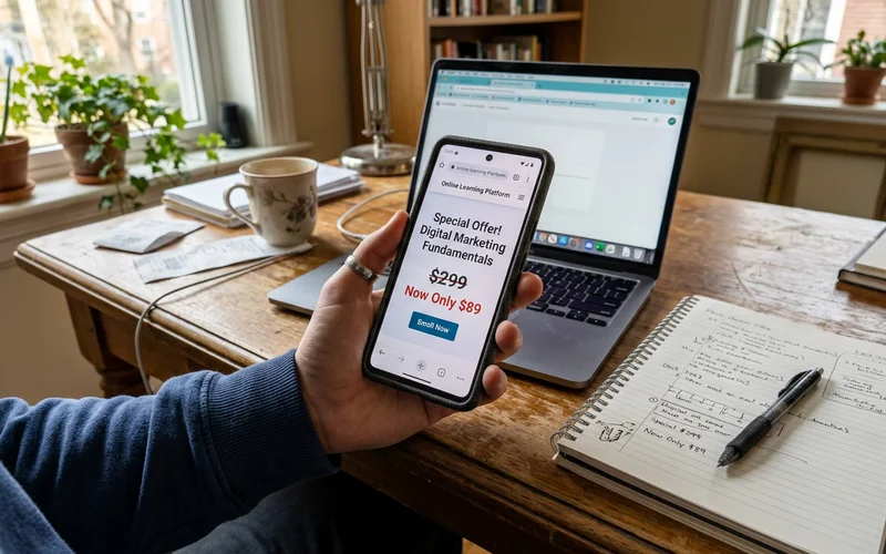 A phone showing a discounted course price