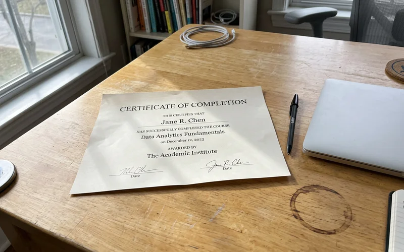A printed certificate of completion on a desk
