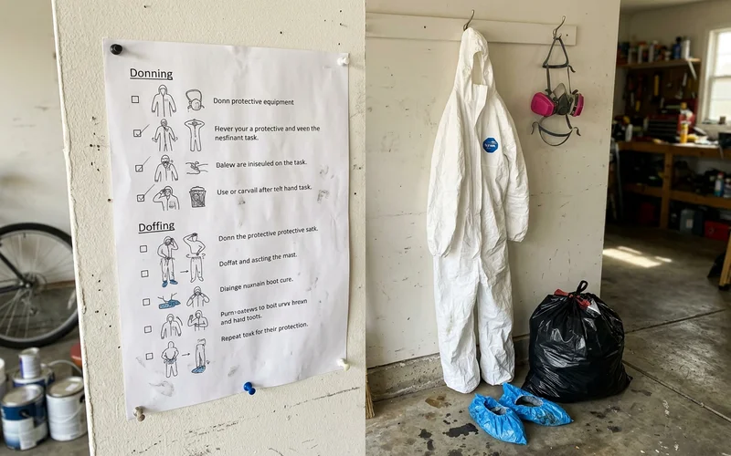A printed donning and doffing checklist beside stored PPE