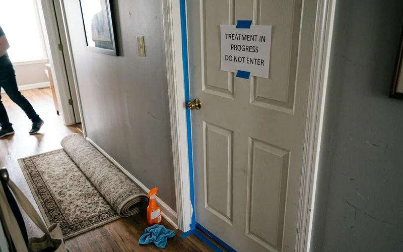 A sealed room door with a treatment-in-progress notice