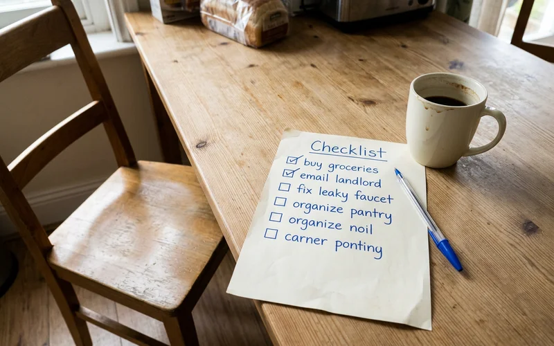 A simple printed checklist on a table beside a coffee mug