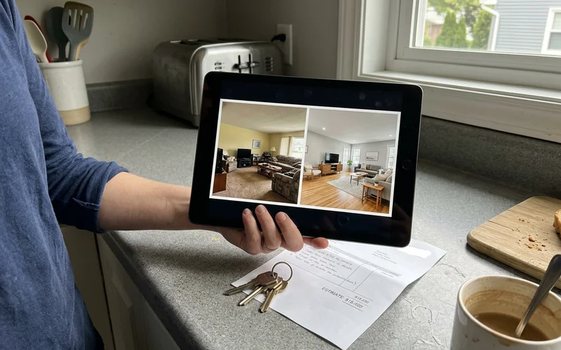 Before and after photographs side by side on a tablet