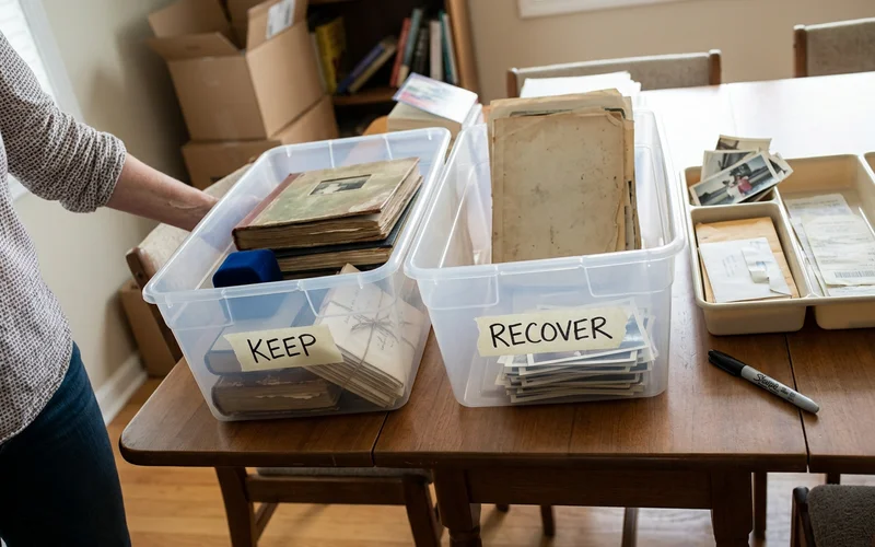 Labeled bins marked keep and recover beside sorted items