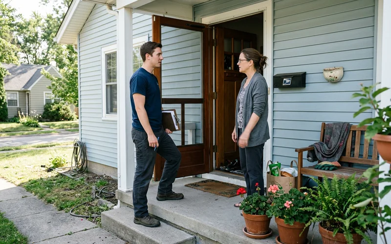 A crew member speaking with a family member on the front porch
