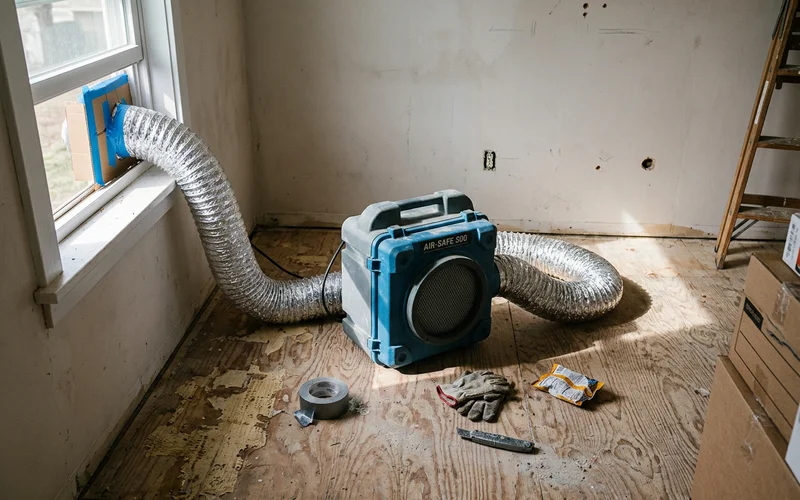 A HEPA air scrubber running in an empty room with flooring removed