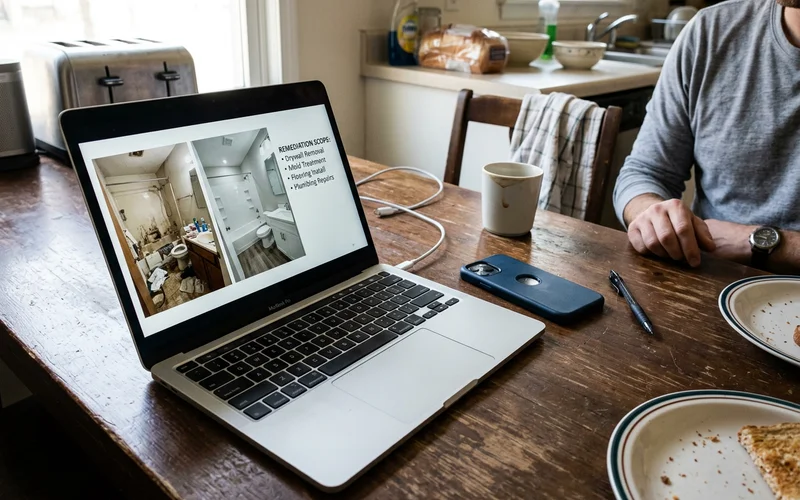 A laptop showing before and after photographs in a client portal