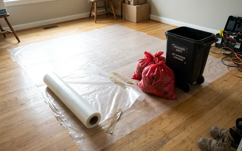 Biohazard red bags and labeled disposal containers staged on a home floor