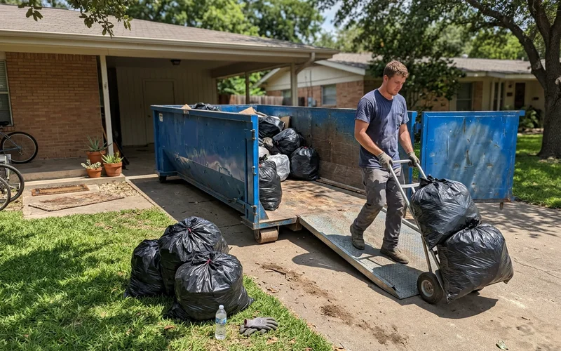 A roll-off dumpster in a driveway being loaded during a multi-day cleanup