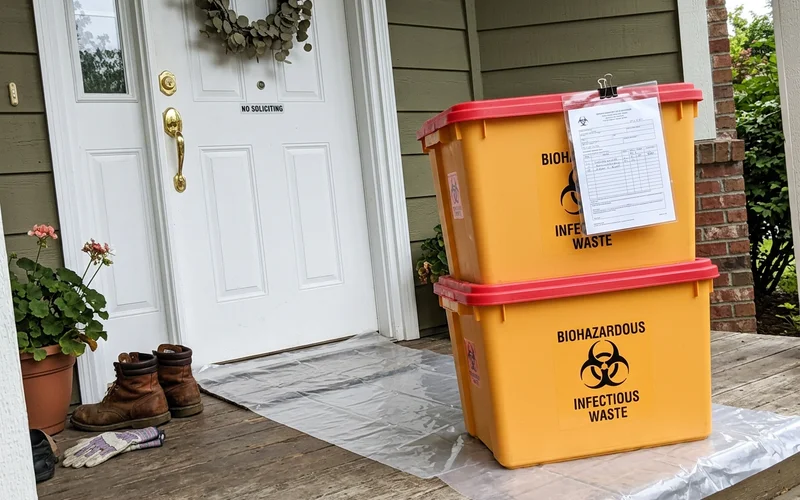 Sealed and labeled biohazard containers with a waste manifest