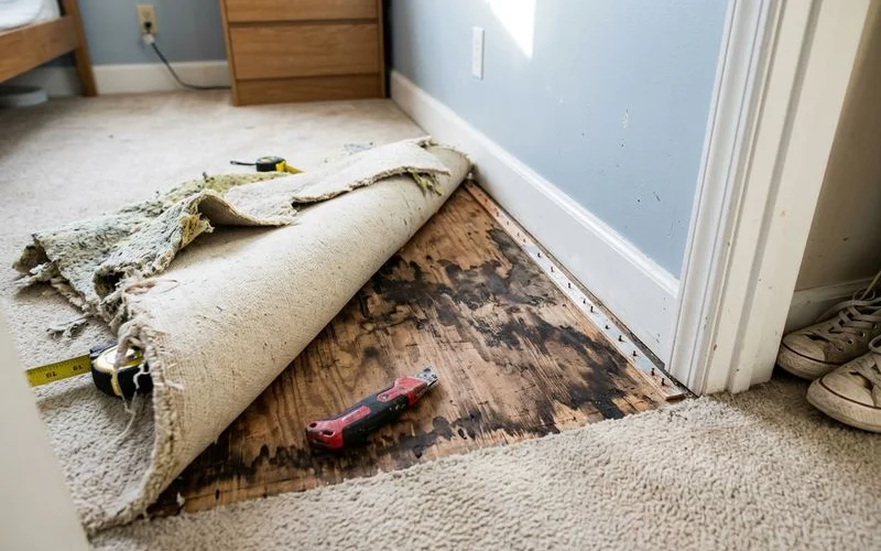 Carpet pulled back in a rental unit to reveal staining that had soaked into the subfloor