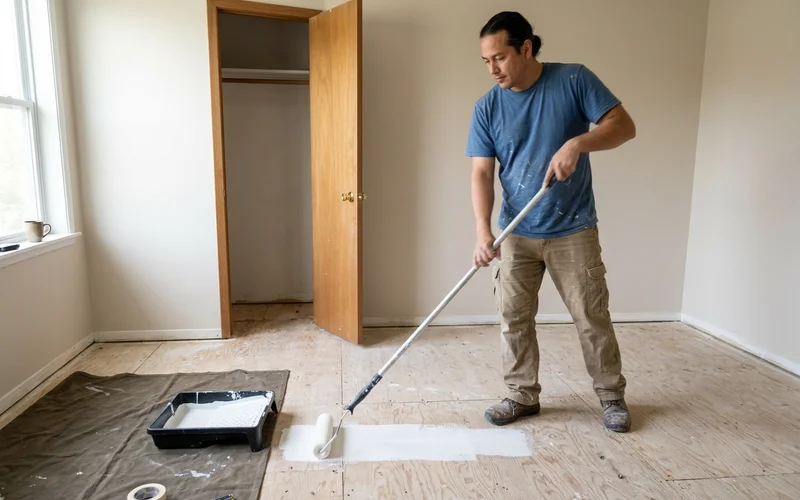 A technician applying antimicrobial sealant to a subfloor