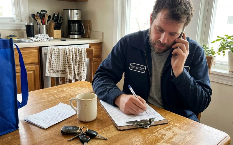 A technician taking notes at a kitchen table during an intake call