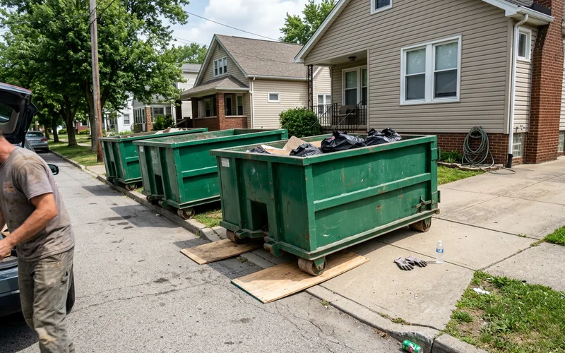 Three dumpsters in a driveway representing a Level 2 project