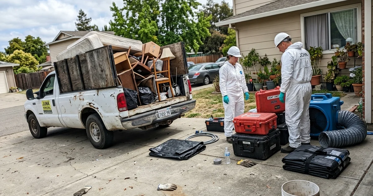 A bare junk truck beside a full remediation crew with PPE and equipment