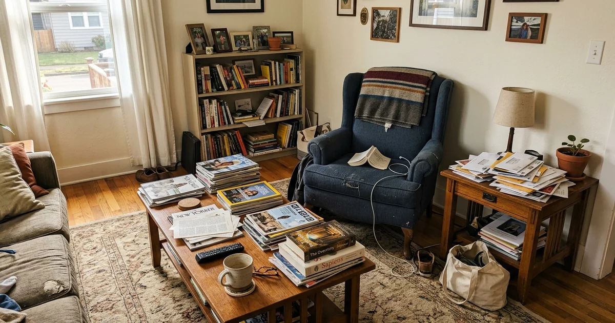 A moderately cluttered but livable living room