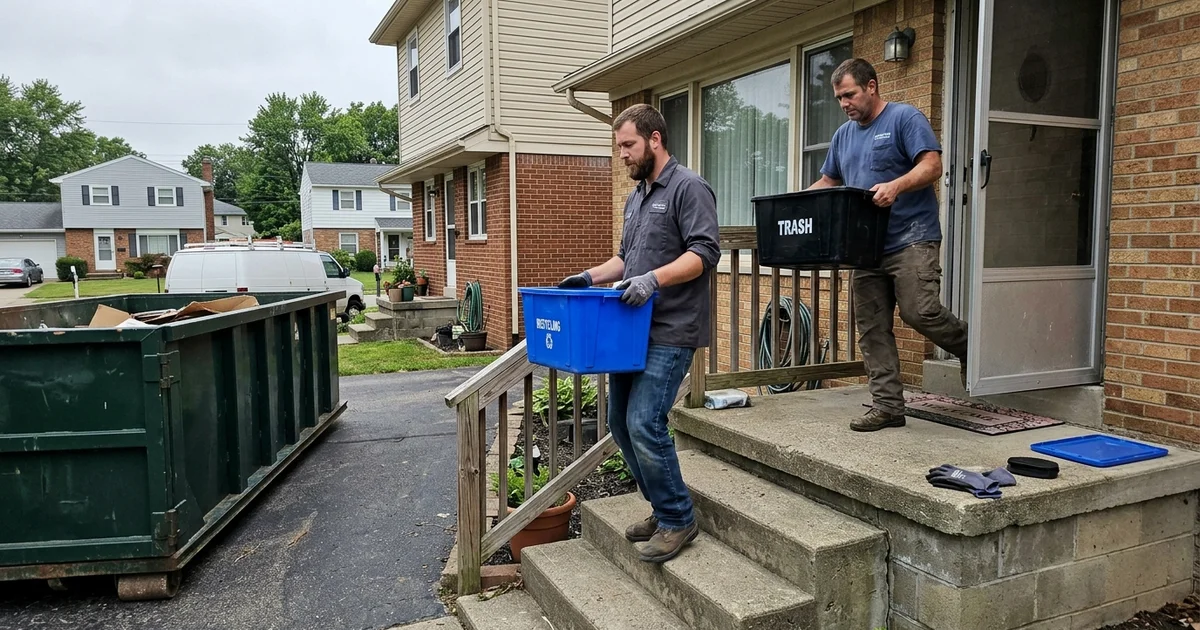 Cleveland Hoarding Pros crew carrying sorting bins from a Level 3 hoarding cleanup in Parma, Ohio