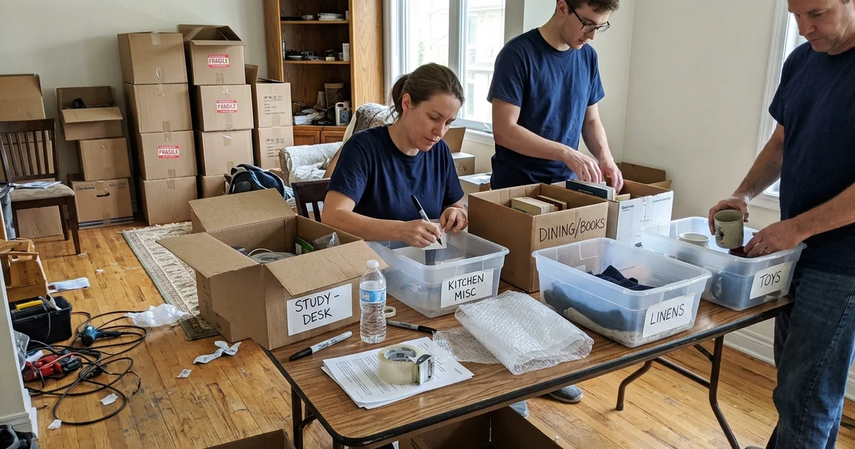 A crew sorting belongings into labeled bins at a folding table