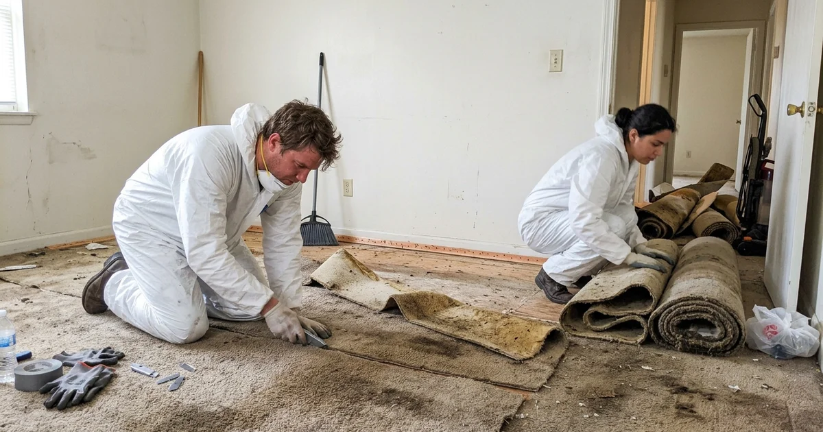 A crew removing saturated carpet from a room