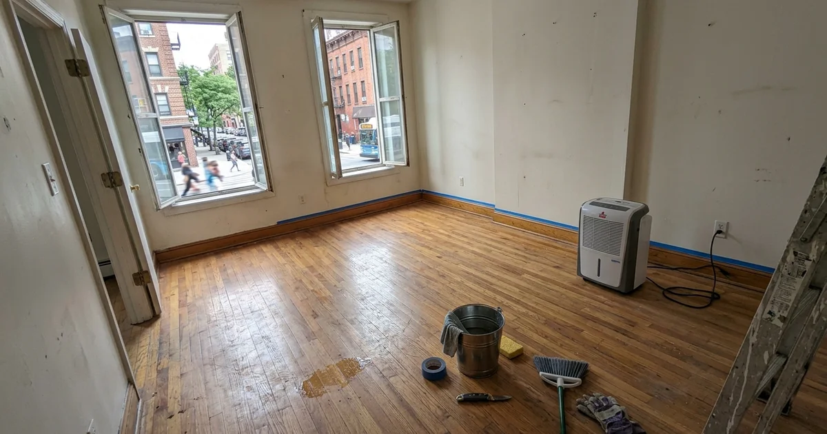 An empty rental apartment with windows open and a treatment machine running