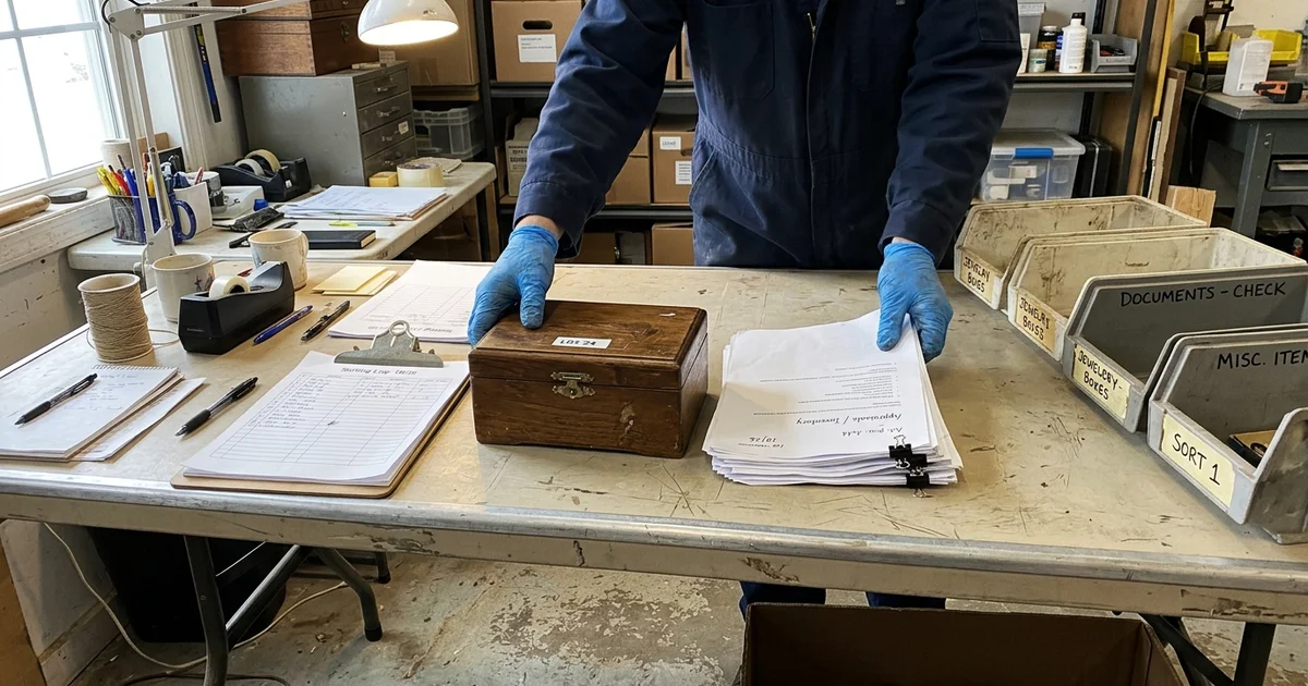 Gloved hands setting aside a jewelry box and documents on a sorting table