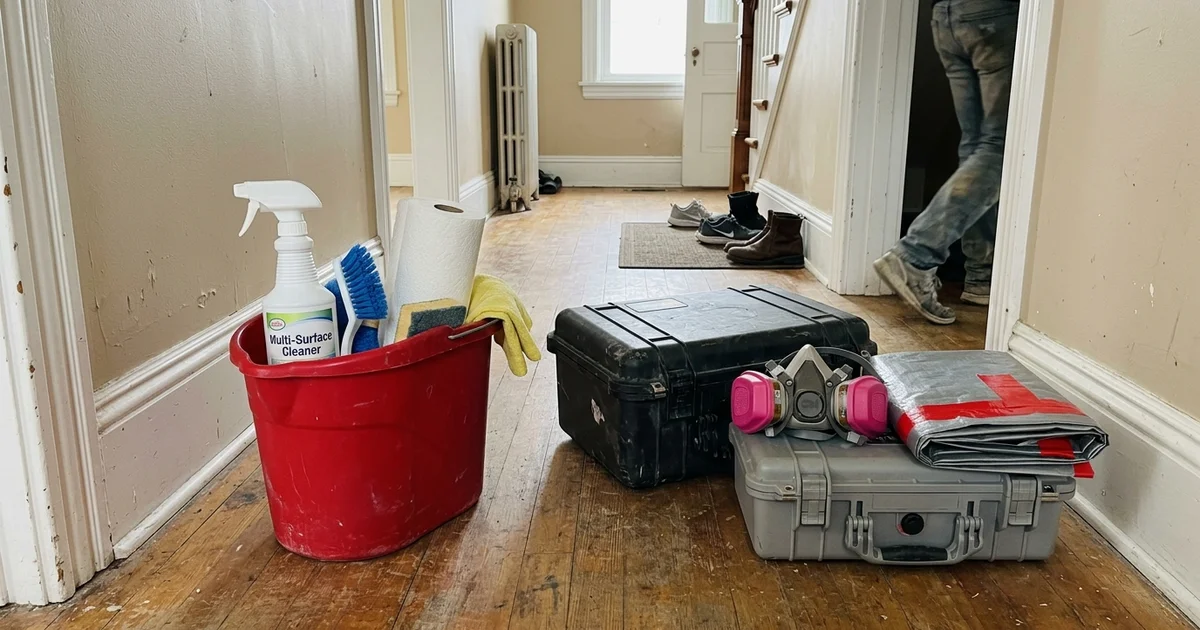 Household cleaning supplies beside professional PPE and remediation equipment