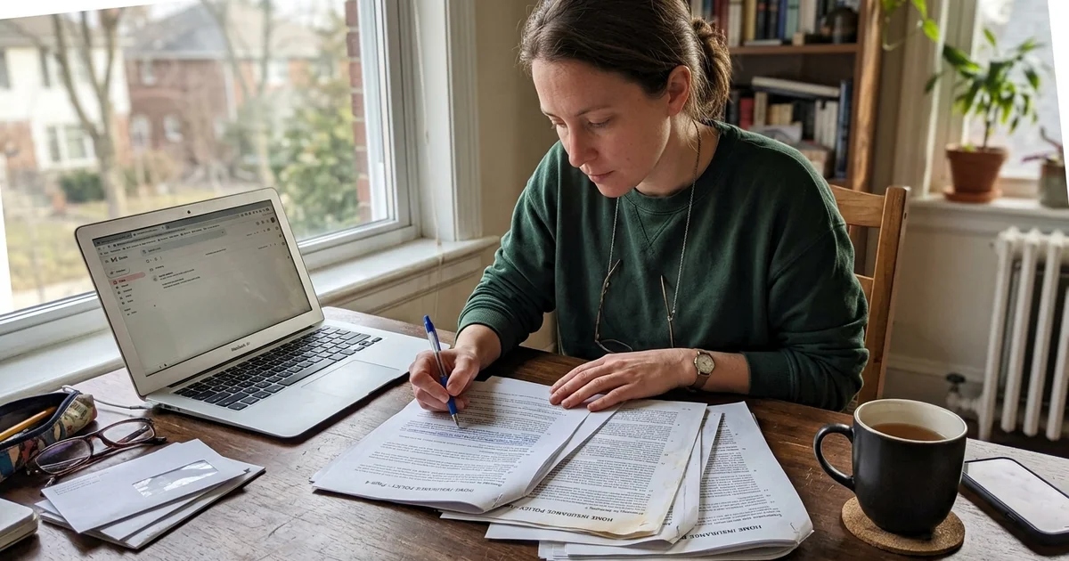 A person reviewing an insurance document at a desk beside a laptop