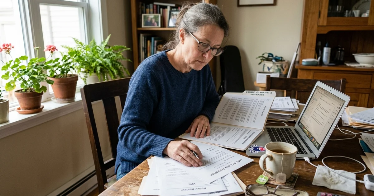 A person reviewing insurance and estate paperwork at a table