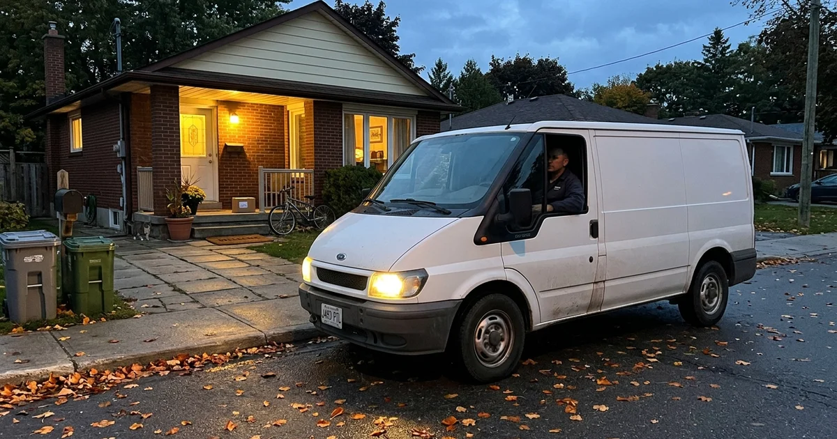 An unmarked service van arriving at a residential curb at dusk