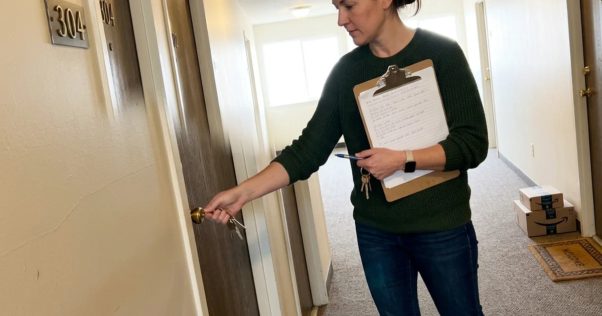 A property manager unlocking a rental unit door