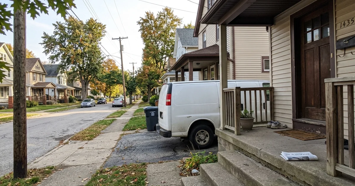 A quiet residential exterior at soft morning light with an unmarked service van in the driveway
