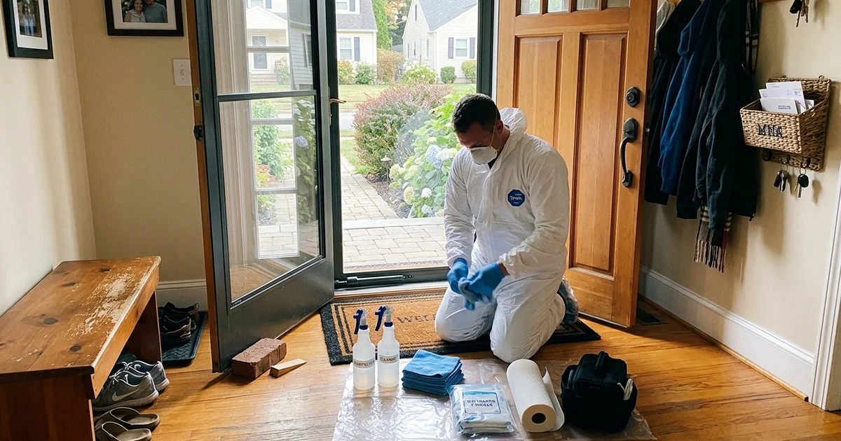 A technician in white protective equipment preparing disinfection supplies in a home doorway
