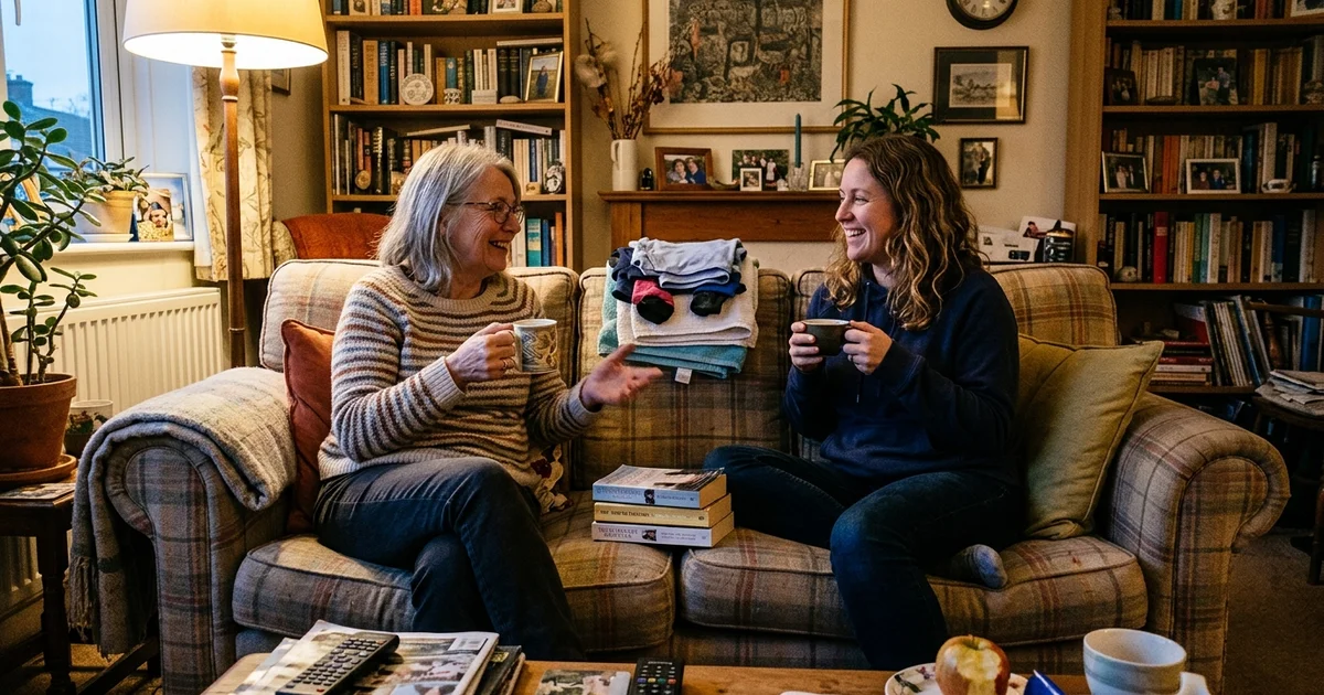 Two family members talking calmly on a couch in a cluttered living room