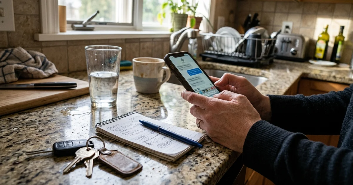 Hands holding a phone and a notepad at a kitchen counter