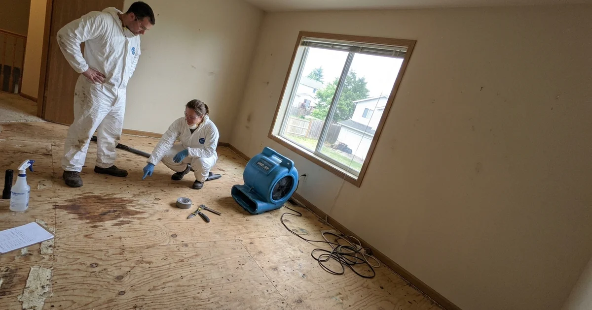 Technicians in protective equipment assessing a room with flooring removed