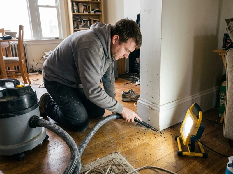 HEPA-filtered vacuuming of rodent droppings and dander along baseboards