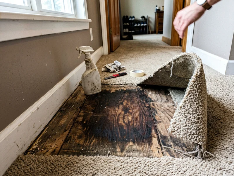 Stained subfloor revealed after carpet removal, showing the true odor source