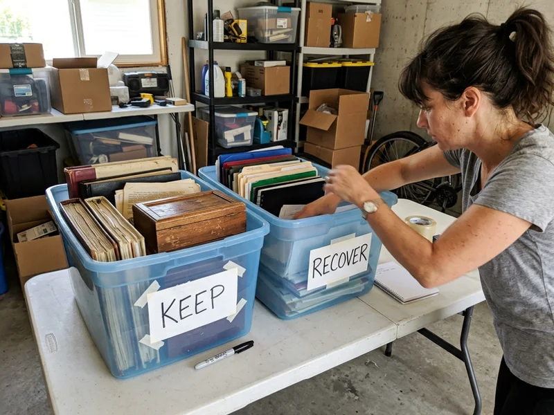 Recovered documents, photographs, and valuables set aside in labeled bins