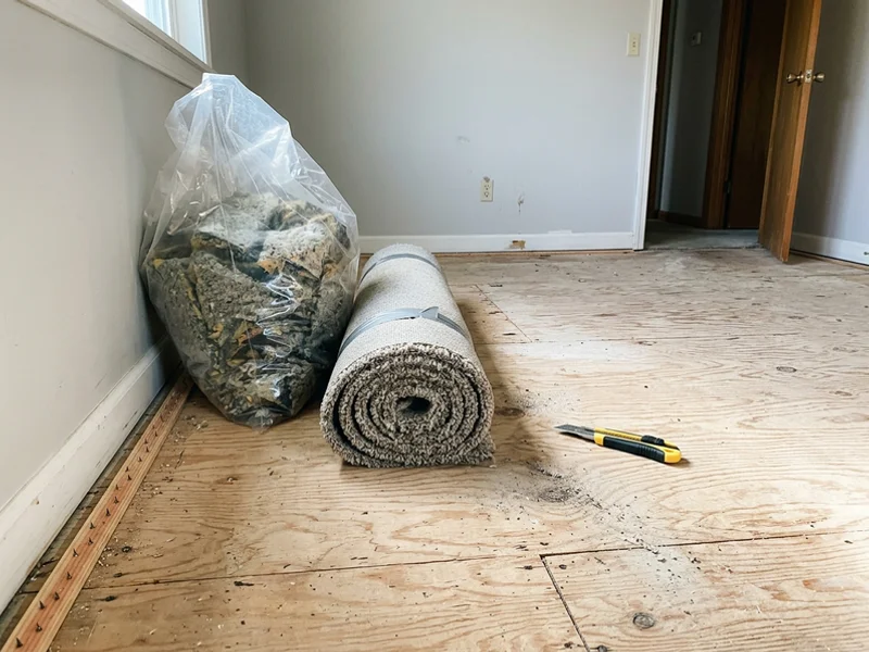 Contaminated carpet and padding removed to expose subfloor for remediation