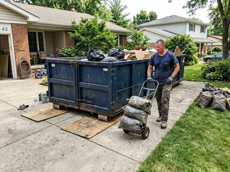 Roll-off dumpster staged in the driveway during a multi-day hoarding cleanup