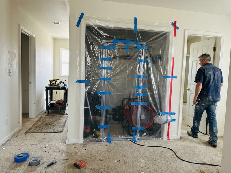 Containment barrier and negative air machine isolating an affected room