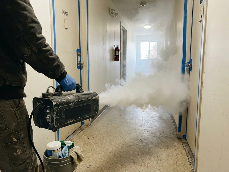 Thermal fogging treatment reaching odor molecules in porous surfaces