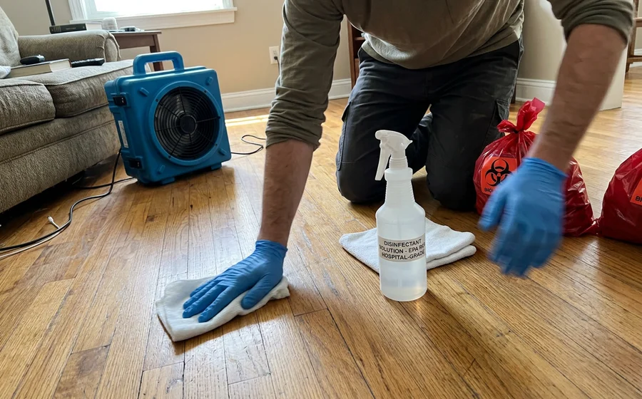 Technician applying EPA-registered disinfectant beside biohazard disposal bags and a running HEPA air scrubber