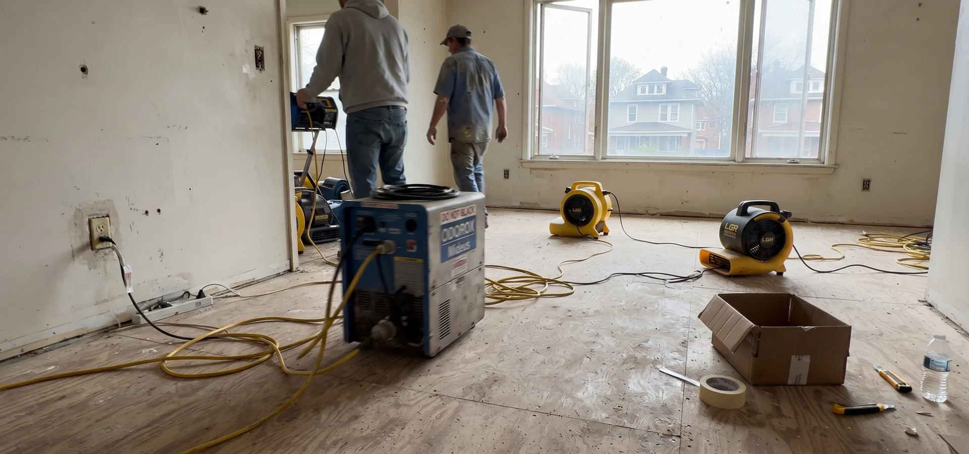Hydroxyl generator and air movers running during severe odor treatment in a Cleveland rental