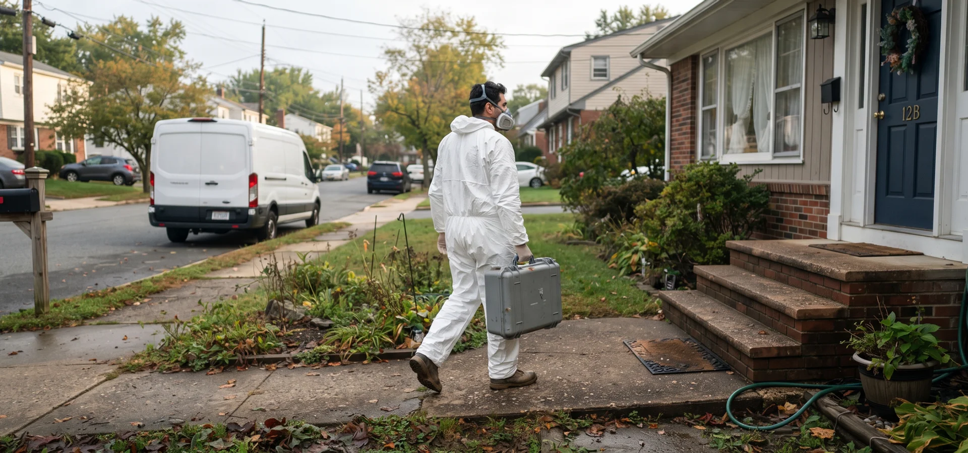 Certified biohazard technician in protective equipment entering a Cleveland home to begin crime scene remediation