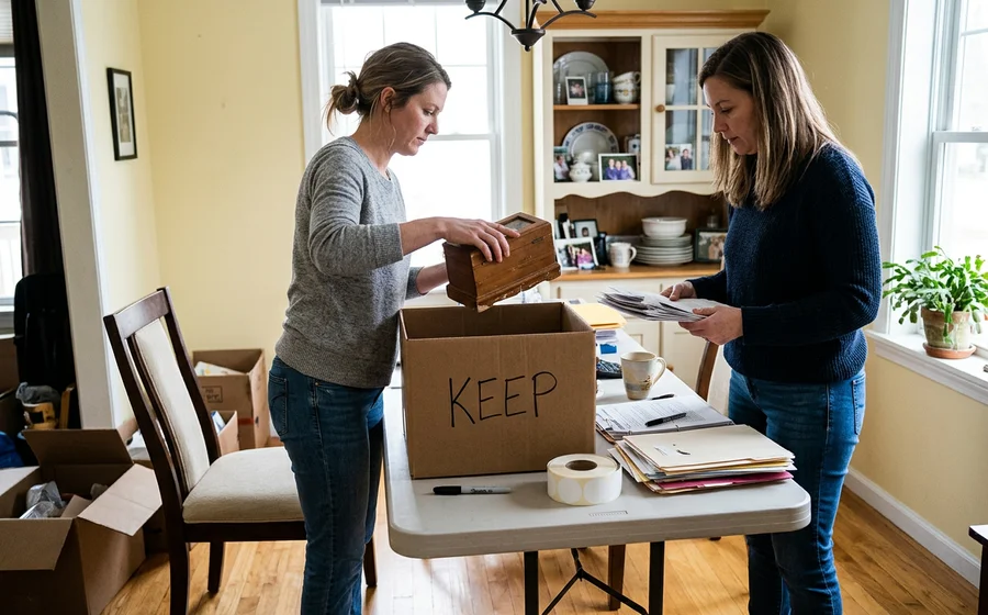 Crew performing search-and-recovery triage on documents and valuables at a sorting table
