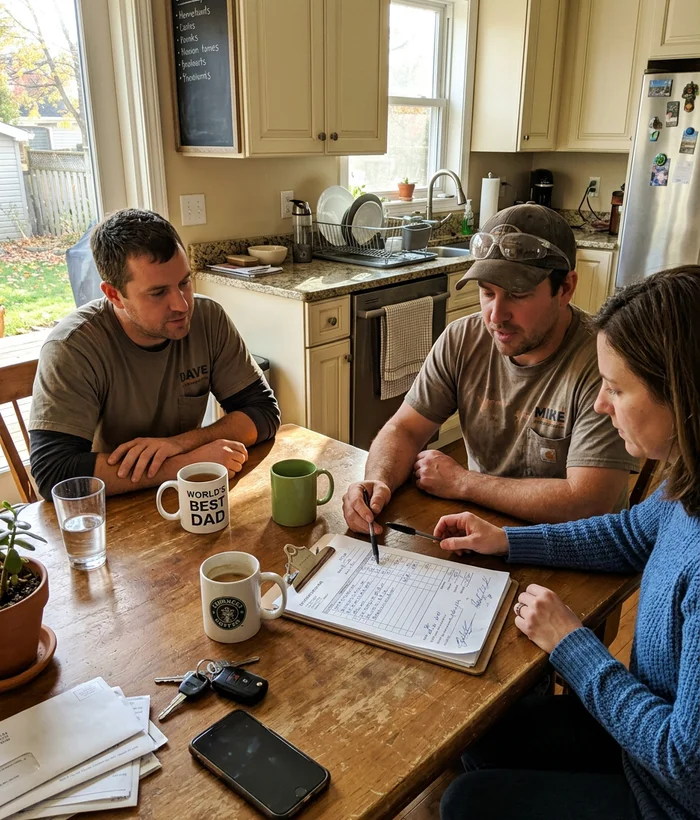 Crew members reviewing a written estimate with a homeowner at the kitchen table